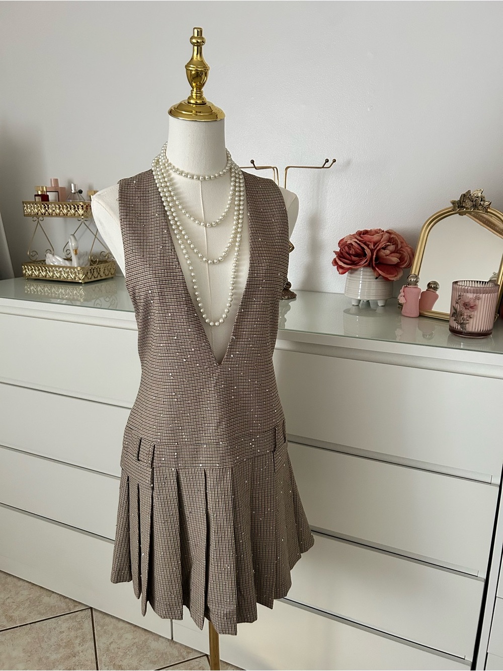 Zara Taupe Deep V Pleated Mini Dress with Sparkle